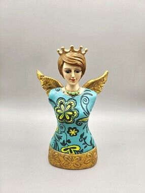 Turquoise Vintage Angel Figurine with Flowers, Large Gold Wings & a Crown